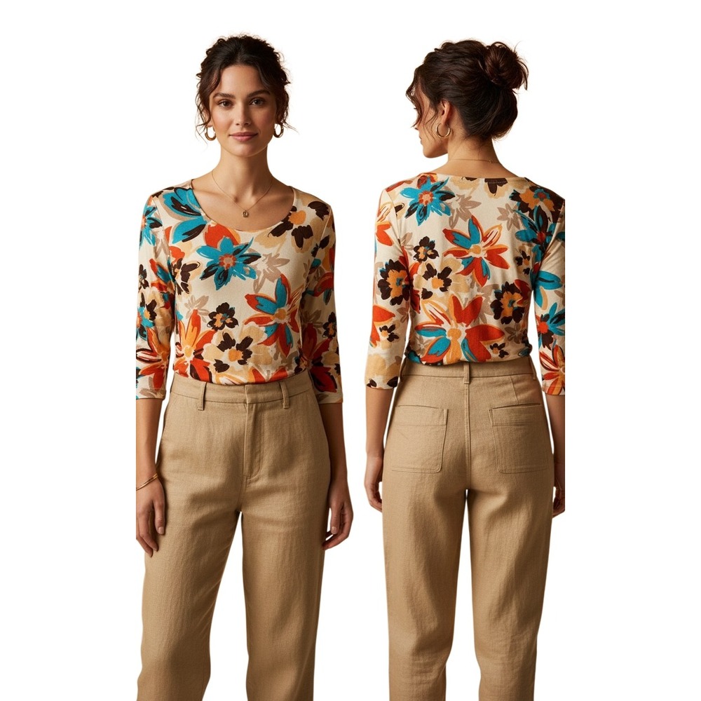 Chicos Travelers Floral Print 3/4 Sleeve Scoop Neck Top Med Multicolor.Vacation